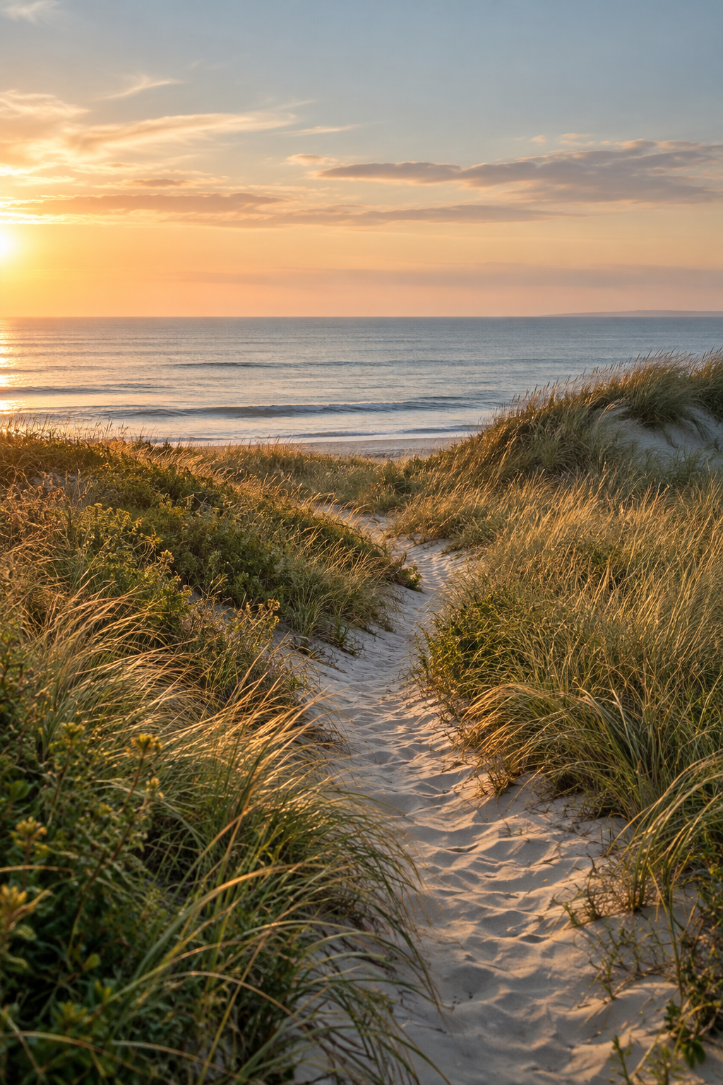 A quiet path through coastal dunes at dusk